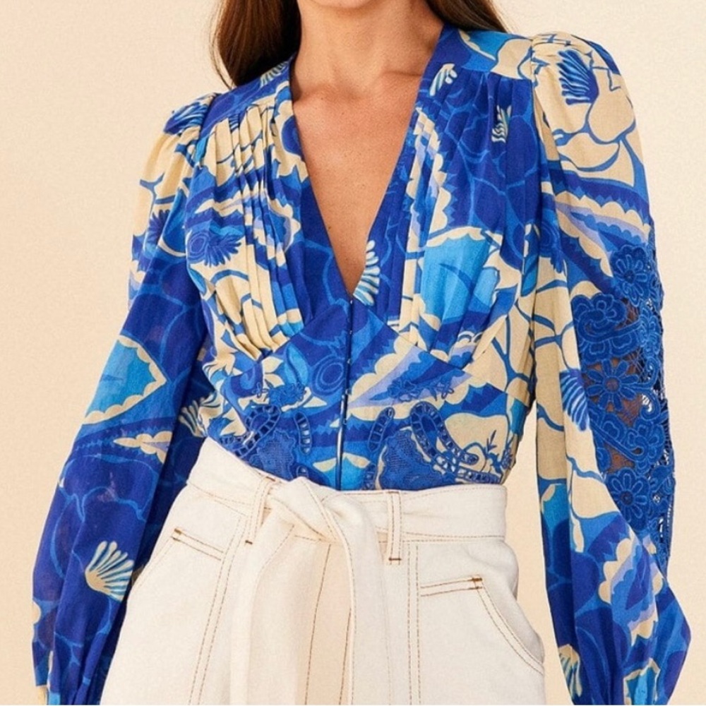 Farm Rio Blue Tropical Groove Top Size M NWOT